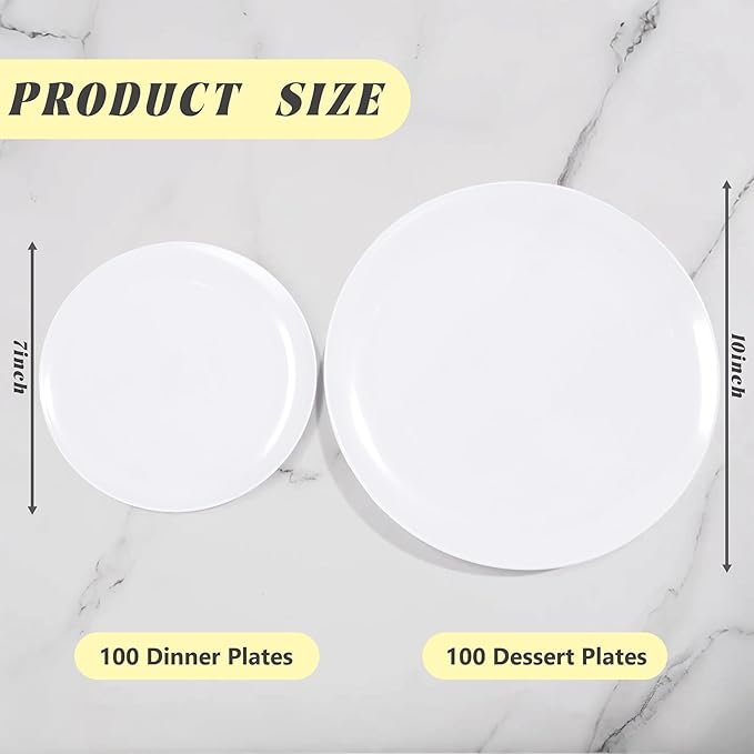 bUCLA 200PCS White Plastic Plates - Heavy Duty White Disposable Include 100 Dinner 10inch & 100 Dessert 7inch Plates, Ideal for Wedding&Party