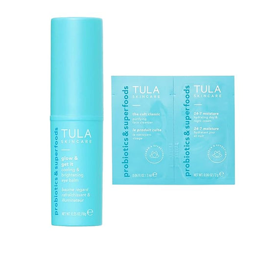 TULA Skin Care Eye Balm Glow & Get It + 24-7 Hydrating Day Night Cream & Purifying Cleanser Dual Packette - Dark Circle Treatment, Instantly Hydrate and Brighten Undereye Area, 0.35 oz.-BrightBean Baby