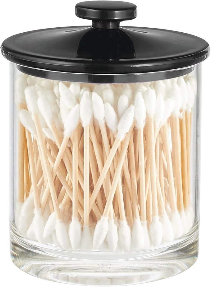 mDesign Small Modern Apothecary Storage Organizer Canister Jars - Acrylic Containers for Bathroom, Organization Holder for Vanity, Counter, Makeup Table, Lumiere Collection, 2 Pack, Clear/Black