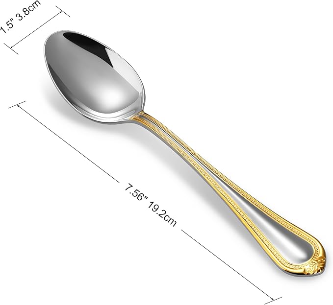 KEAWELL Pearl Edge 4-Piece Premium Spoon Set, 18/10 Stainless Steel, Fine Silverware Spoons with Refined Bead Design, Brightly Polished, Dishwasher Safe (Gold Accent, 7.56" Dinner Spoons)