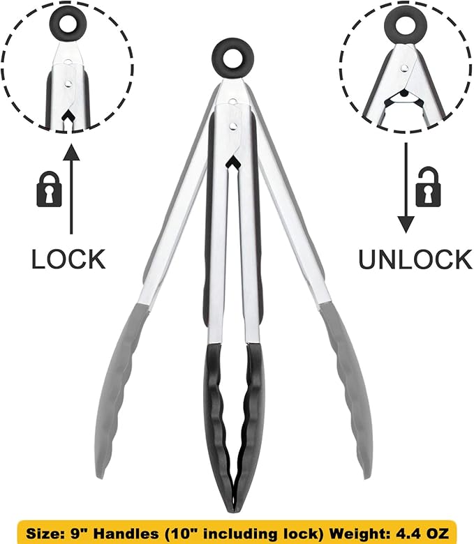 Serving Tongs 9-Inch Cooking Tongs with Silicone Tips, Set of 3 (Black)