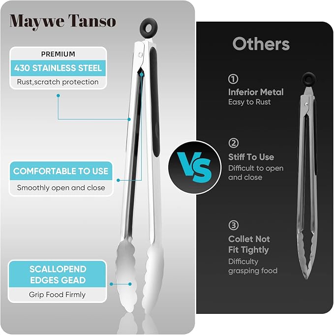 Kitchen Tongs for Cooking,Maywe Tanso 12-Inch Stainless Steel Locking Cooking Tongs Food Tongs for Cooking,Grilling,Salad and Serving Food | Heavy Duty,Non-Stick,Black