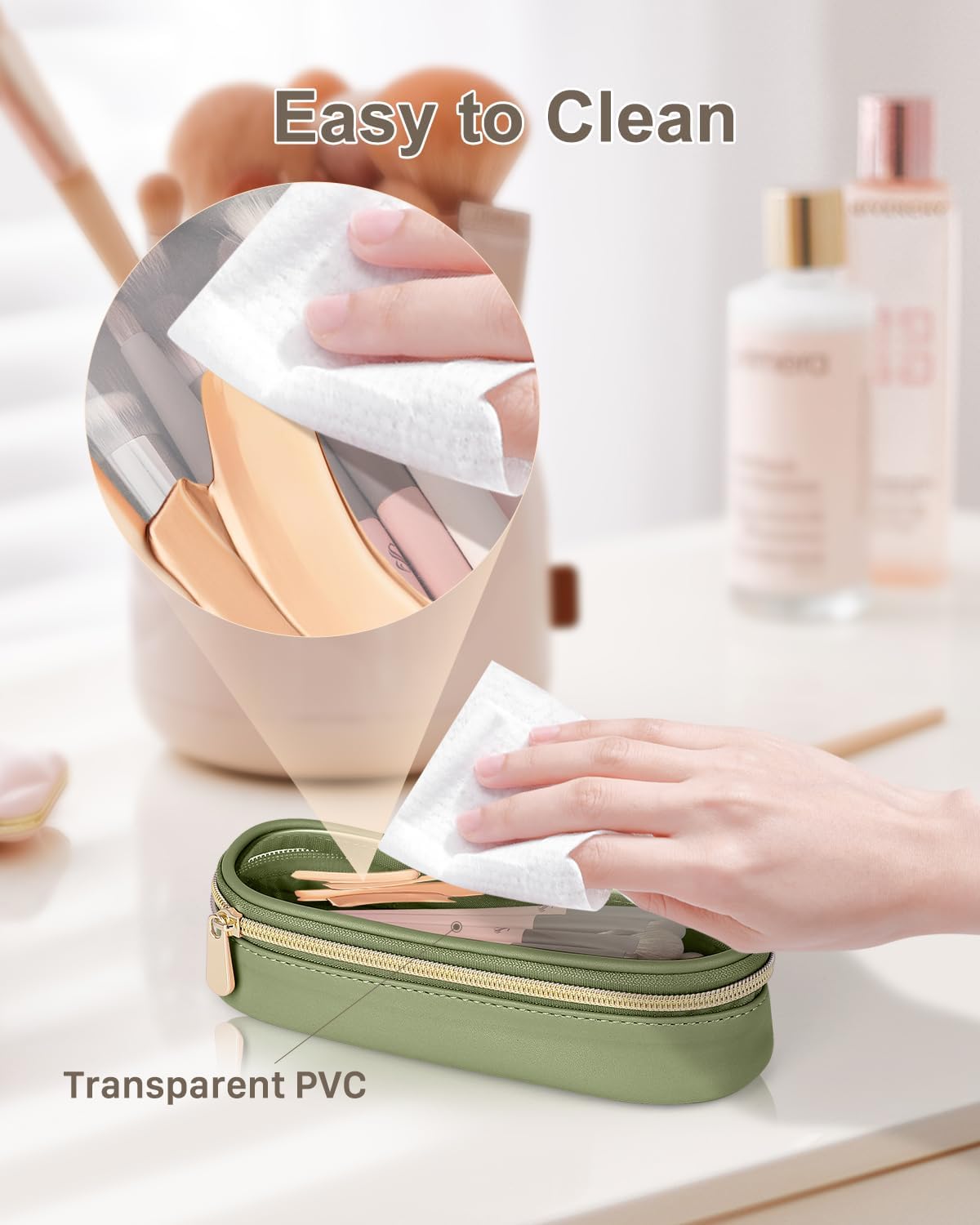Clear Travel Makeup Brush Holder, Leather Makeup Brush Toiletry Bag, Portable Cosmetic Brush Case, Transparent Waterproof Makeup Brush Storage Bag, Green-BrightBean Baby