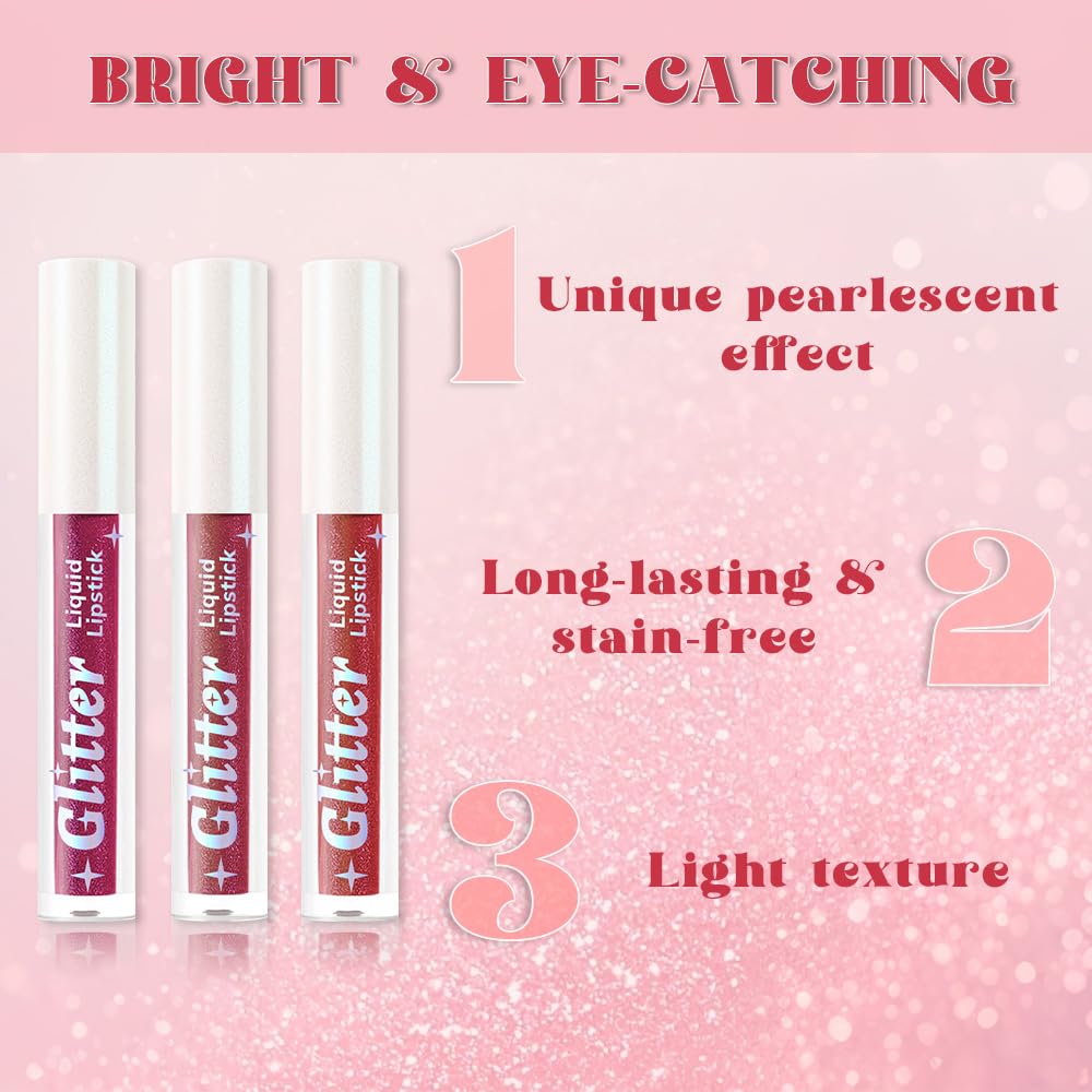 3Pcs Metallic Lipstick for Women,Lightweight Glitter Sparkling Liquid Lipsticks,Shimmer Lip Gloss Stain Long Lasting Waterproof Smudge Proof Non-Drying 24 Hour Full Coverage Lip Makeup,Vegan-BrightBean Baby