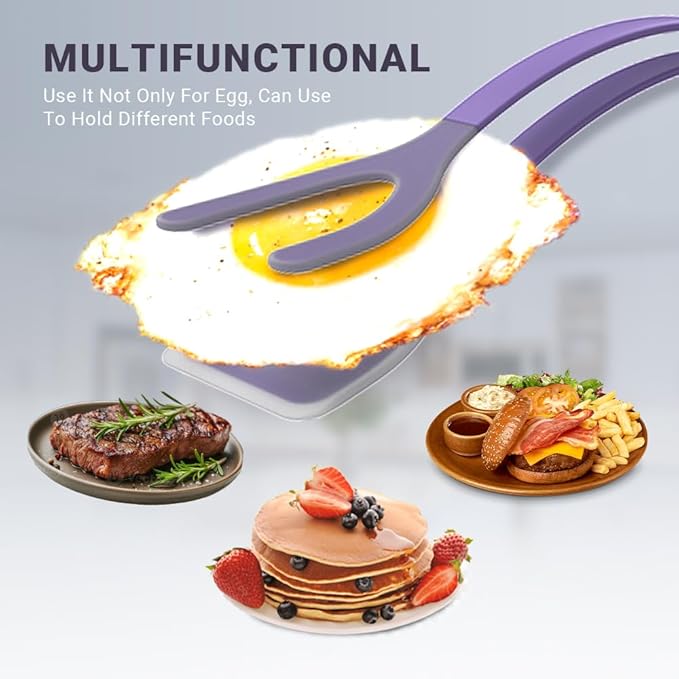 Silicone Egg Flipper Spatula Tongs (Set of 1) – Non-Stick 2-in-1 Grip & Flip Kitchen Tongs for Pancakes, Fish, Eggs, and More – Heat Resistant Cooking Tool (Purple)