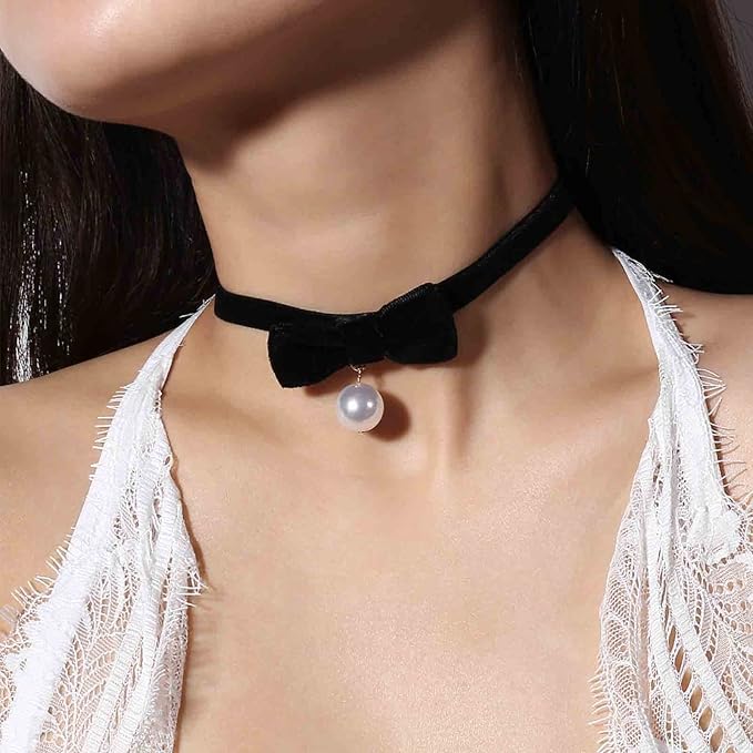 Vintage Satin Choker Necklace Pearl Pendant Necklace Black Bow Necklace Punk Leather Collar Necklace Chain Jewelry for Women and Girls-BrightBean Baby