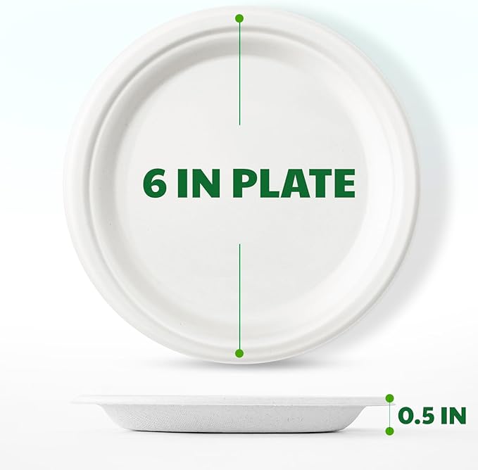 100% Compostable Paper Plates, 6 Inch, 125 Count, Heavy Duty Disposable Plates by Biodegradable Bagasse, Dessert Plates Bulk for Party | Microwave-Safe | Soak-Resistant, Cut Resistant