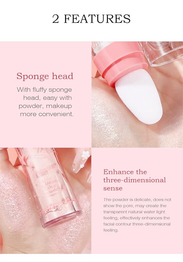 AKARY Shimmer Highlighter Powder, Fairy Polvo De Hadas Highlighter Powder & Blush Stick, Instant Glow Luminizer Duo, Glitter Body Face Hair High Gloss Stick, Sparkle Smudge-Proof Highlighter Stick Party Makeup (C-#03)-BrightBean Baby