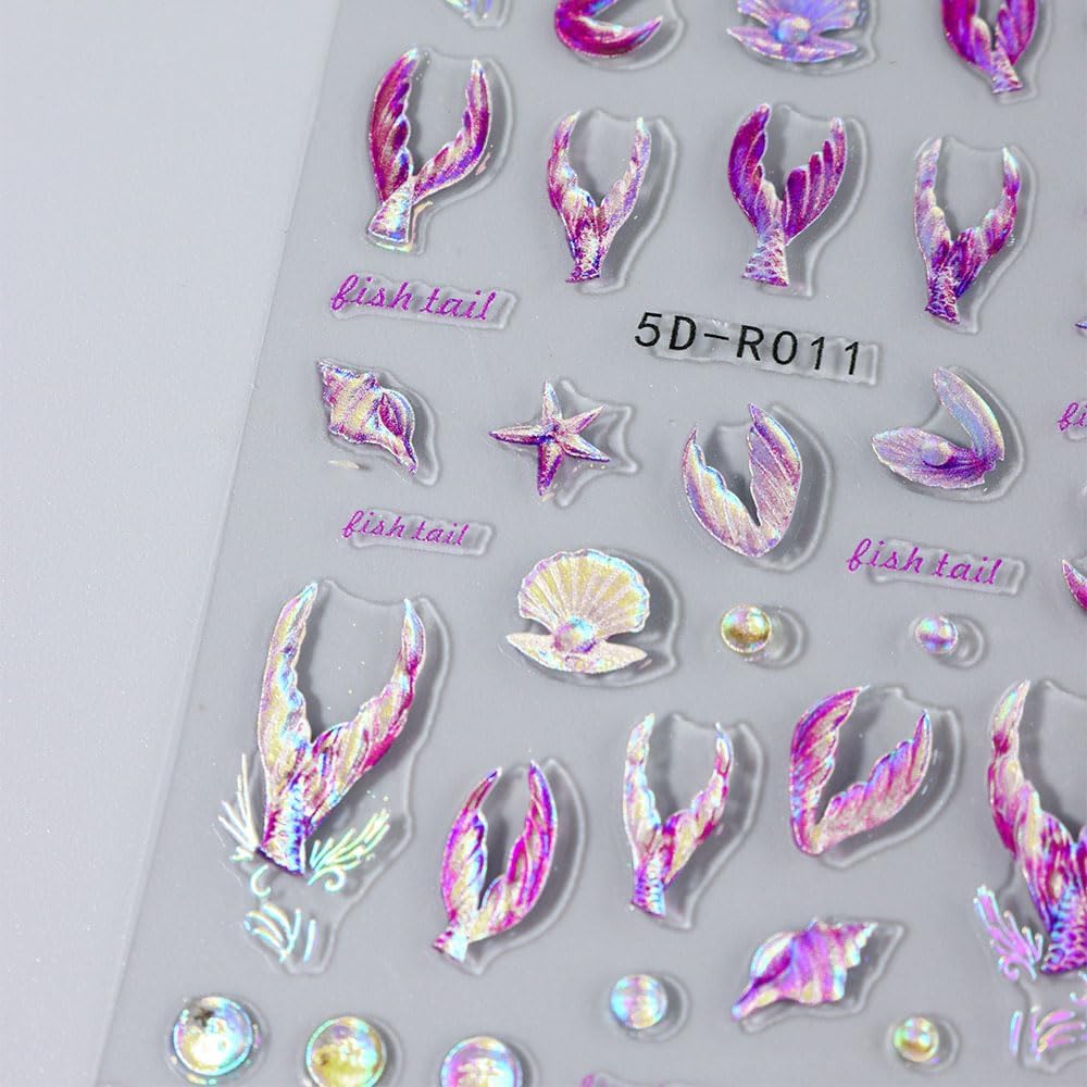 5D Dreamy Mermaid Tail Nail Stickers Summer Nail Decals 5D Embossed Laser Mermaid Nail Art Stickers Sea Wave Fishtail Shellfish Starfish Nail Design Stickers Self Adhsive Ocean Stickers for Nails DIY-BrightBean Baby