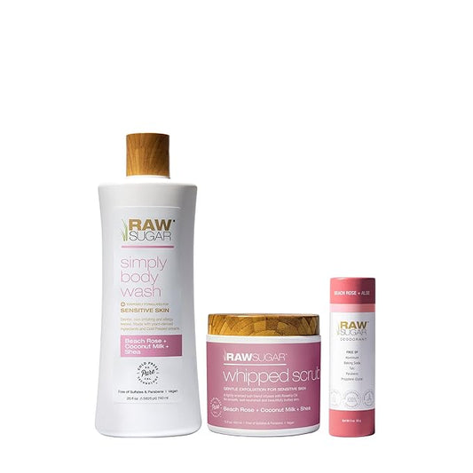 Raw Sugar Beach Rose + Coconut Milk + Shea Body Love Bundle - Sensitive Skin Body Wash, Body Scrub & Deodorant, Clean Ingredients, Formulated without Sulfates and Parabens-BrightBean Baby