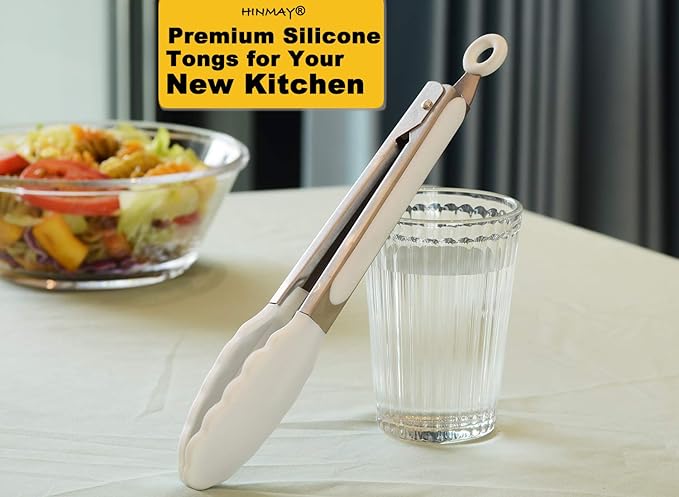 Silicone Kitchen Tongs 9-Inch Stainless Steel Basics Tongs with Non-Stick Silicone Tips, Set of 3 (White)