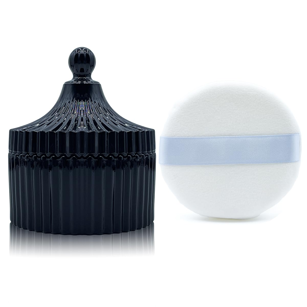 Ultra Soft Powder Puff and Container 3.3" High Density Velvet Dusting Washable Reusable Powder Puff,Body Powder Puff and Glass Jar Holder Loose Powder Box with Puff for Face Makeup(Black)-BrightBean Baby