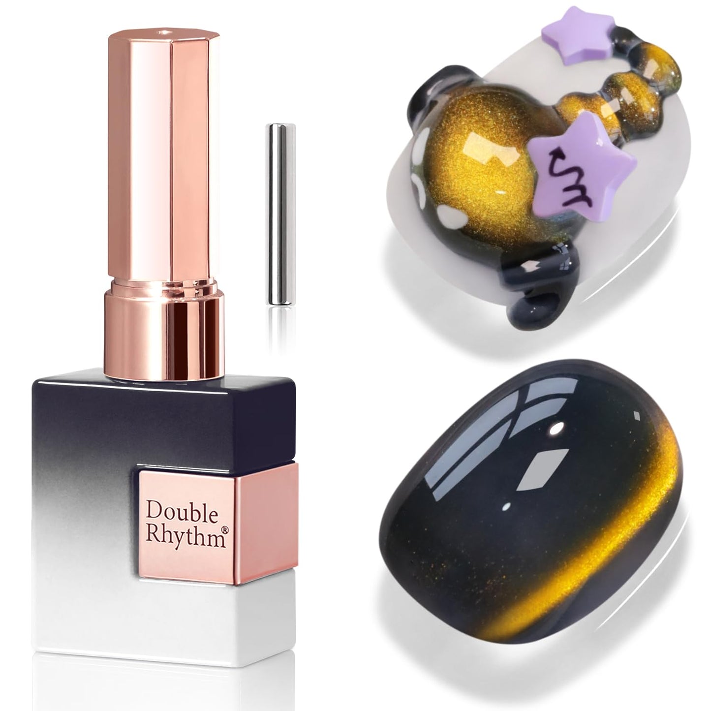 Double Rhythm Jelly Glass Cat Eye Gel Polish with Magnet 15ML Holographic Glitter Shimmer Translucent Sheer Color Magnetic Nail Polish Salon DIY at Home (Golden Black-MC1256)-BrightBean Baby