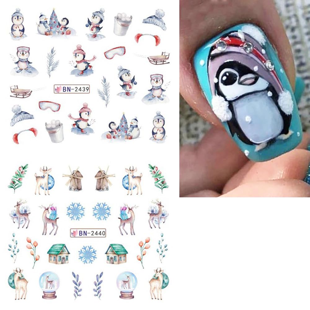 Snowflake Nail Art Stickers Decals Christmas Decorations - 12 Sheets Winter Snowman Elk Penguin Bear Design Water Transfer Slider Foils Supplies for Women DIY Acrylic-BrightBean Baby