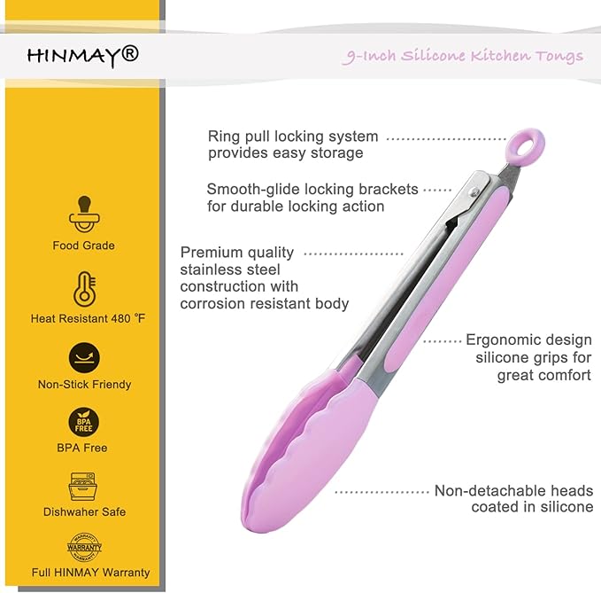 Serving Tongs with Silicone Tips 9 Inches Stainless Steel Food Tongs, Set of 3 (Pink)