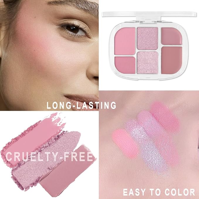 6-in-1 Cream & Powder Makeup Palette for Old Women – Blush, Highlighter & Eyeshadow, Matte & Shimmer Finish, Rose Nude Tones, Travel-Friendly Compact 03-BrightBean Baby