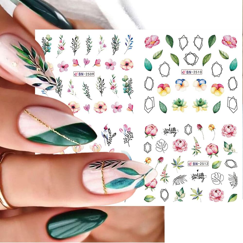 12 Sheets Flower Nail Water Transfer Decals, Nail Art Stickers for Women, Holographic Colorful Flower Leaf Patterns Nail Designs Supplies, Acrylic Nails Decorations DIY Resin Nail Decal Tattoos Set-BrightBean Baby