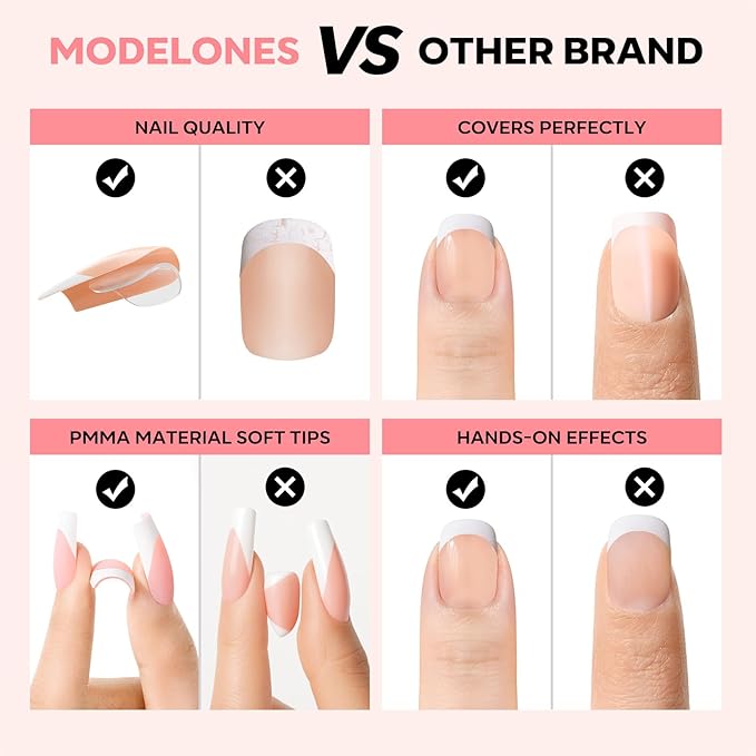 modelones French Tip Press on Nails, Short Square Fake Nails with Nail Box, Nude Gel Nail Tips for Women, Soft Glue-On Nails for Natural Salon Look, DIY Nail Art Kit-BrightBean Baby
