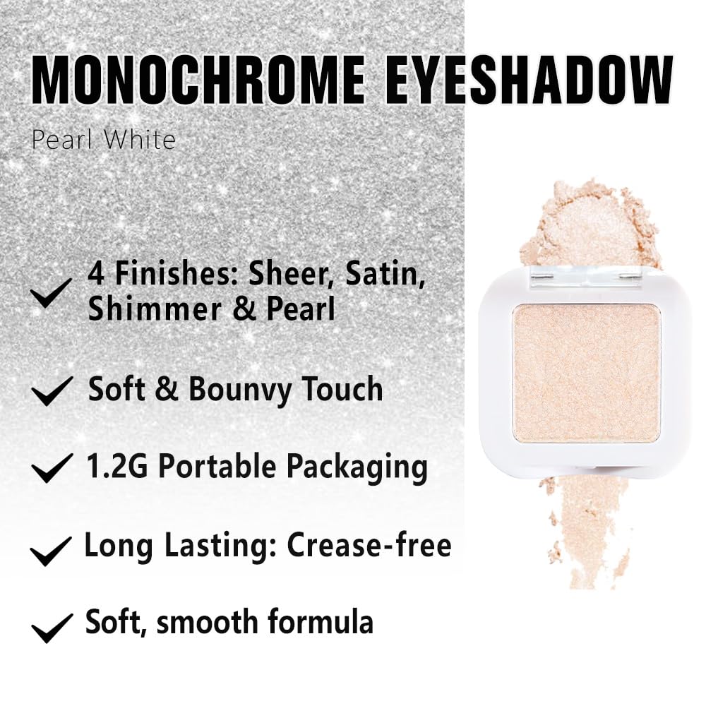 White Pearl Glitter Single Eyeshadow Palette - Single Shimmer Eye Shadow in Pearl White, Natural Highly Pigmented, Blendable Monochrome Powder Eye Shadow, Eyeshadow Palette Gift for Girls Women-BrightBean Baby