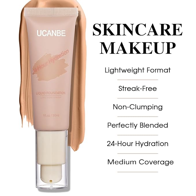 UCANBE Matte Liquid Foundation with Brush, Skincare Serum Foundation Face Makeup with Hyaluronic Acid, Medium to Full Coverage Waterproof Oil Control Longwear, for Mature Skin, Nude Beige, 1 fl. oz.-BrightBean Baby