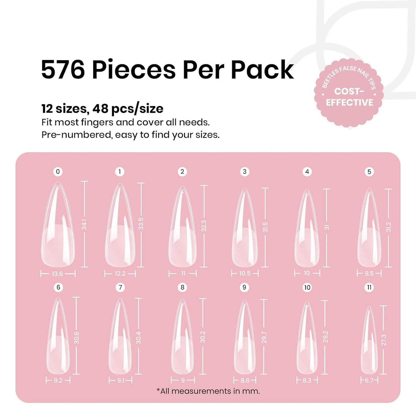 Beetles Gel Nail Tips Etch-X, Stiletto Medium, 576Pcs 12 Sizes, Pre-Etched Half Matte Full Cover Soft Acrylic Fall Halloween False Nail Tips Easy DIY Press On Nail Extensions Salon Gift for Women-BrightBean Baby