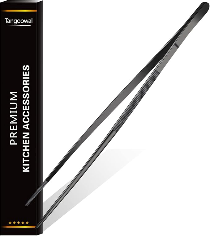 12-Inch Black Kitchen Fine Cooking Tweezers Tongs,Stainless Steel Long Food Tweezers Tongs