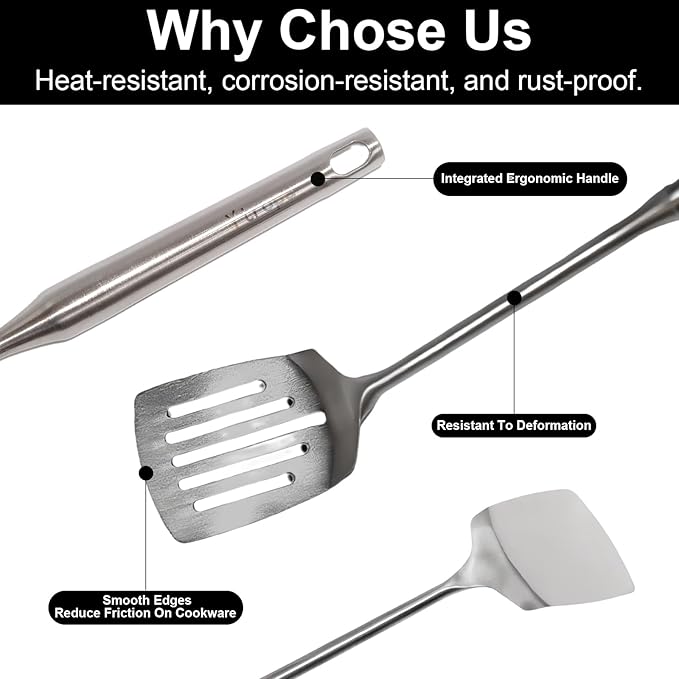 2 Pcs stainless steel spatula set,Heat Resistant metal spatula for cooking, kitchen utensils set Include Solid & Slotted Turner,Ergonomic Handle, Easy to Clean
