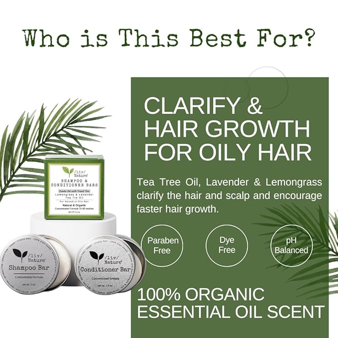 Shampoo Bar and Conditioner with Travel Tins | Lemongrass, Lavender, Tea Tree Oil | Clarifying & Growth | For Oily Hair | USA 2-pk-BrightBean Baby