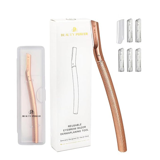 Eyebrow Razor with 6 Blades & Travel Case – Face Razors for Women & Men, Eyebrow Trimmer Shaper with Precision Cover, Facial Shaver & Dermaplaning Tool for Smooth Skin (Rose Gold)