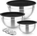 TeamFar Mixing Bowls, Stainless Steel Nesting Salad Bowls with Lids Set of 3 & 3 Grater Attachments, For Mixing/Serving/Storing, Non-toxic & Long-lasting, Size 4.6/3 / 1.5 QT, Black