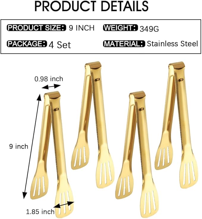 4 PCS Serving Tongs Gold Tongs 9 Inch Serving Utensils Stainless Steel Serving Tongs for Salad Buffet Appetizer Dessert Tong for Food Parties (9 Inch, 4 GOLD)