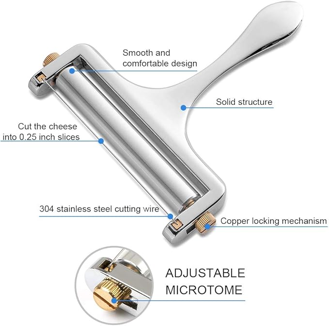 NANEEZOO Cheese Slicer, Adjustable Thickness Heavy Duty Stainless Steel Cheese Slicers With Wire for Soft & Semi-Hard Cheeses - 4 Replacement Stainless Steel Cutting Wire Included (Silver)