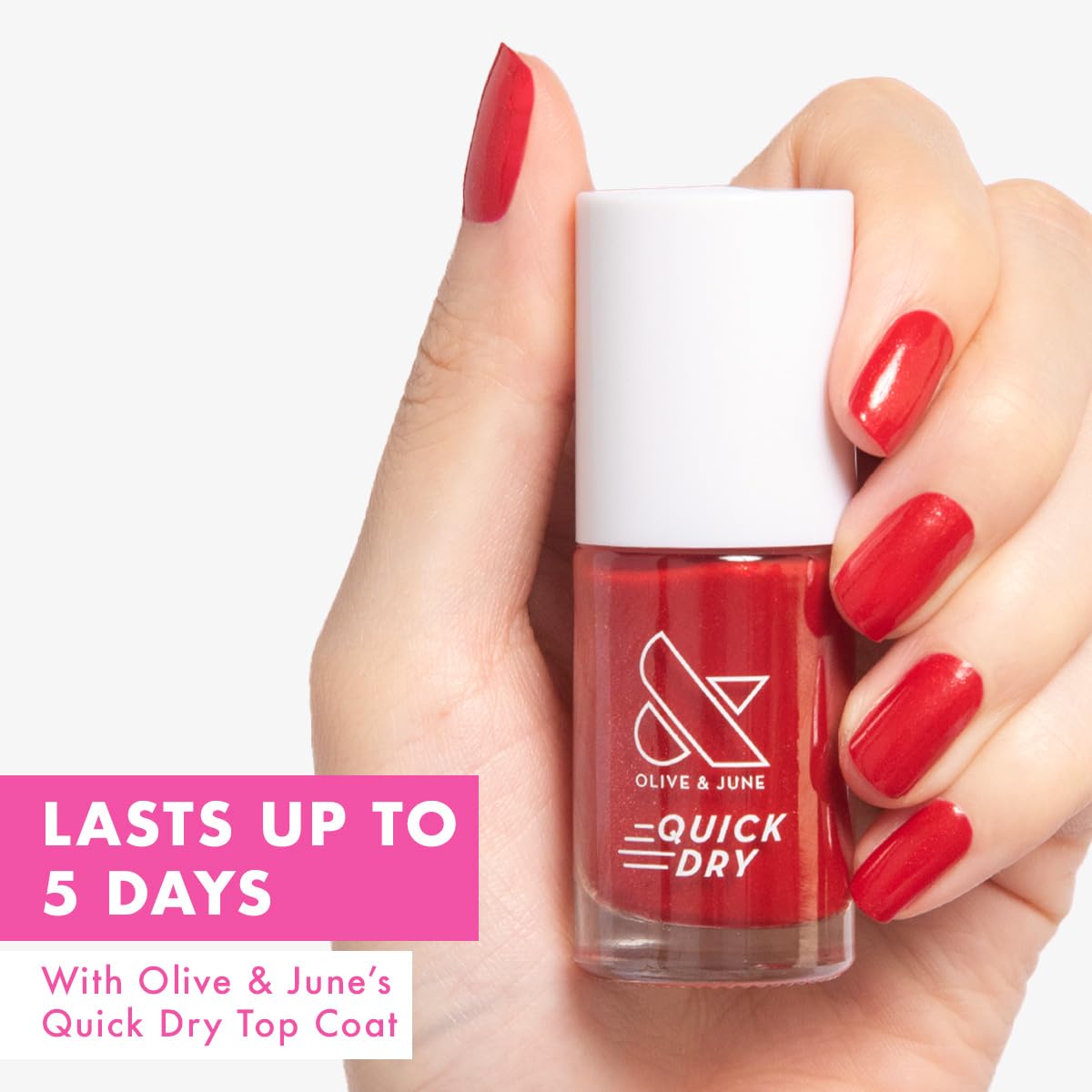 Olive & June Quick Dry Nail Polish | Instant, Fast-Drying, Smudgeproof Color | 15-free, Vegan, Cruelty-Free Formula | Lasts up to 5 Days | Salon-Quality Manicure at Home | Lippy | Shimmering Red-BrightBean Baby