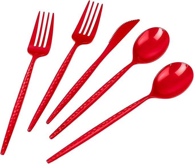 LIYH 150 Pcs Red Plastic Cutlery Sets - Red Plastic Silverware Heavyduty, Disposable Utensil Sets, 50 of Each Forks, Knives & Spoons Flatware Set for Party Birthday