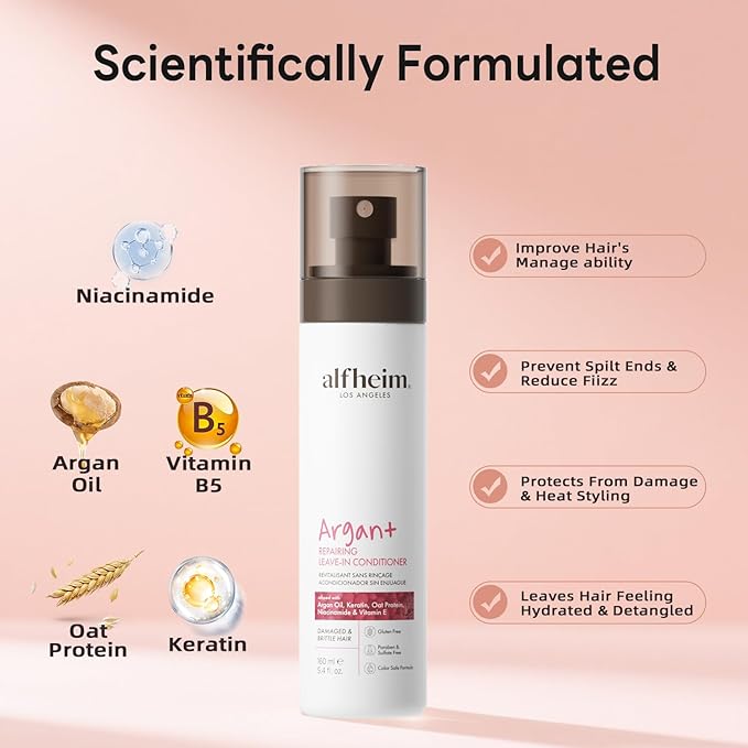 ALFHEIM Argan+ Repairing Leave-In Conditioner | Lightweight Hair Detangler & Anti-Frizz Spray | Moisturizing & Nourishing with Argan Oil, Keratin, Niacinamide | For Dry, Damaged, Frizzy Hair | 5.4 oz-BrightBean Baby