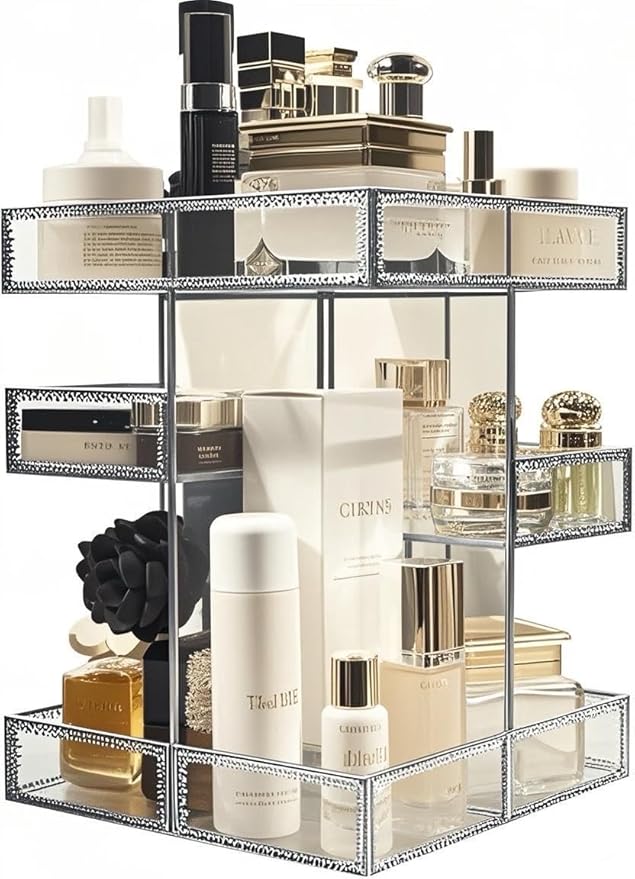 Hersoo 360 Degree Rotation Cosmetic Organizer -Premium Makeup Storage with Spin Base,Antique Countertop Cosmetic Storage,Large Capacity,Beauty Display for Countertop,Vanity or Bathroom (silver)-BrightBean Baby