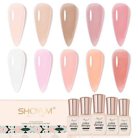 Jelly Pink Gel Nail Polish Set, 10 Colors Spring Summer Nude Kit Milky White Natural Gel, Soak Off LED DIY Art Salon Manicure Gifts for Girls.-BrightBean Baby