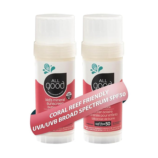 All Good Baby & Kids Mineral Sunscreen Butter Stick for Face, Nose, Ears - UVA/UVB Broad Spectrum SPF 50, Coral Reef Friendly, Water Resistant, Zinc Oxide, Vitamin E (2.75 oz)(2-Pack)-BrightBean Baby