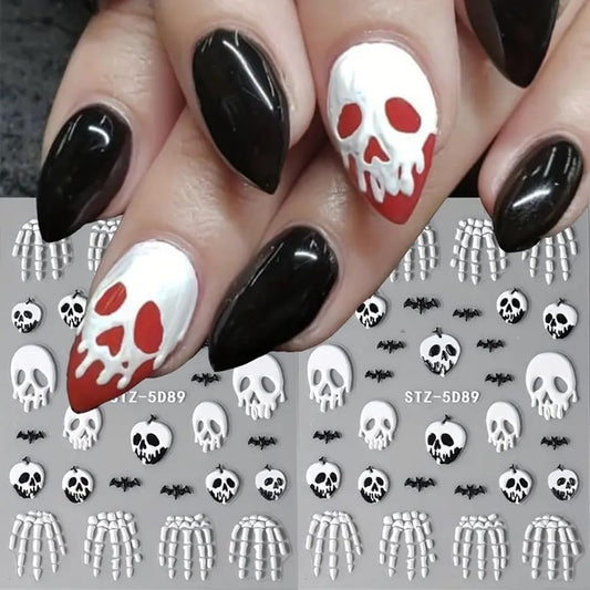 2 Pcs Halloween Nail Art Stickers 5D Embossed Scary Skull Self-Adhesive Nail Decals Halloween Stickers Bat Bones of The Dead Designs Nail Decorations Holiday DIY Acrylic Nail Accessories for Women-BrightBean Baby