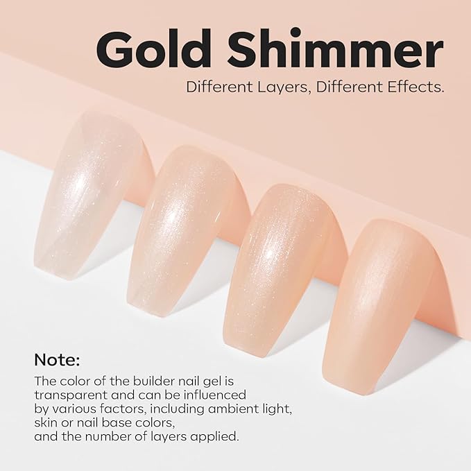 modelones Builder Nail Gel, 8-in-One Gold Shimmer Builder, Champagne Sparkle Glitter Rubber Color Base Gel Polish LED Lamp Cured, Apex Building Strengthener Extension for Home DIY Salon Girls-BrightBean Baby