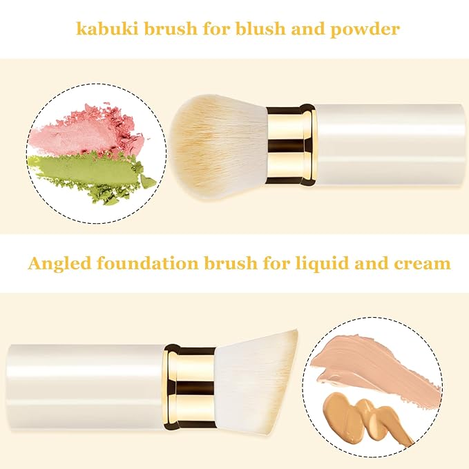 Makeup Brush, Retractable 2 Pack Travel Kabuki Powder Makeup Brush, Foundation Face Blush Brushes for Blending Liquid, Blush, Bronzer, Buffing, Sunscreen,Flawless Cosmetics-BrightBean Baby