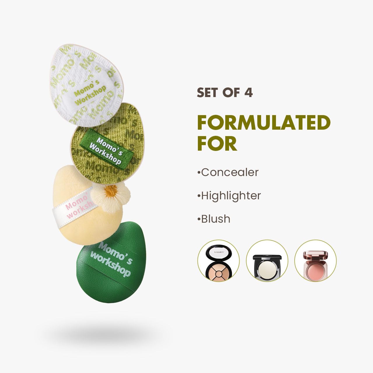 Mini Denim Makeup Sponge Set,Mini Makeup Blenders Sponge for Concealer/Blush/Highlighter, Perfect for Detail Work & Travel,4pcs Green Mini Concealer Puffs with Travel Pouch-BrightBean Baby