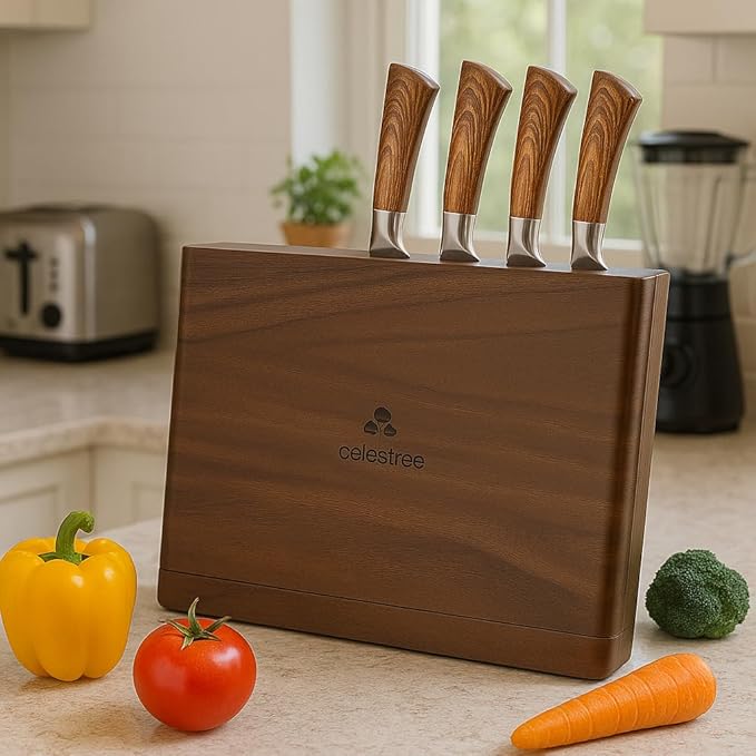 2-in-1 Wood Cutting Board with Magnetic Knife Holder - 16 x 11 Inch Rain Wood, Juice Grooves, Kitchen Organizer for Home Chefs