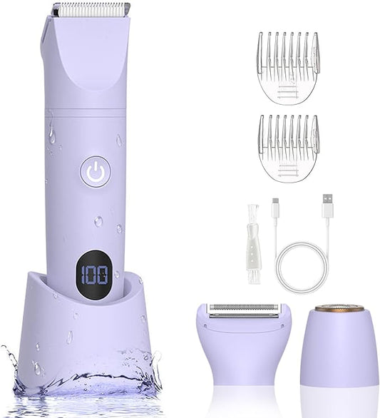 3-in-1 Bikini Trimmer for Women, IPX7 Waterproof Electric Shaver for Women-Rechargeable Electric Razors for Pubic, Facial & Body Hair Trimmer with LED Display, Travel Kit & Painless Blades (Purple)-BrightBean Baby