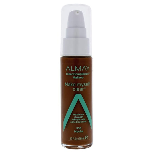 Almay Clear Complexion Makeup, Matte Finish Liquid Foundation with Salicylic Acid, Hypoallergenic, Cruelty Free, -Fragrance Free, Dermatologist Tested, 910 Mocha, 1.0 oz-BrightBean Baby