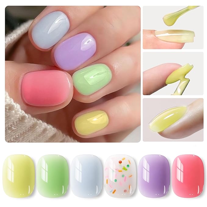 Born Pretty Jelly Pastel Gel Nail Polish 6 Colors Spring Summer Yellow Green Blue Purple Pink Candy Sweet Colors Apex Building Effect Gel Polish Kit Nail Art Gel Manicure Kit DIY at Home Salon Gifts-BrightBean Baby