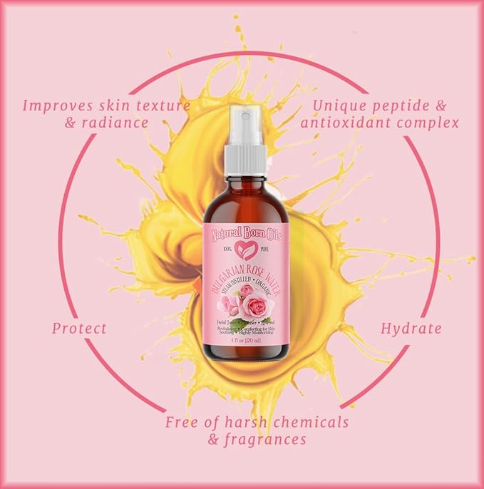 Natural Born Oils 8oz Rose Water Hydrosol, 100% Pure and Natural, Organic, Steam-distilled, Facial Toner Cleanser, with Sprayer, 8-Rose-Water-BrightBean Baby