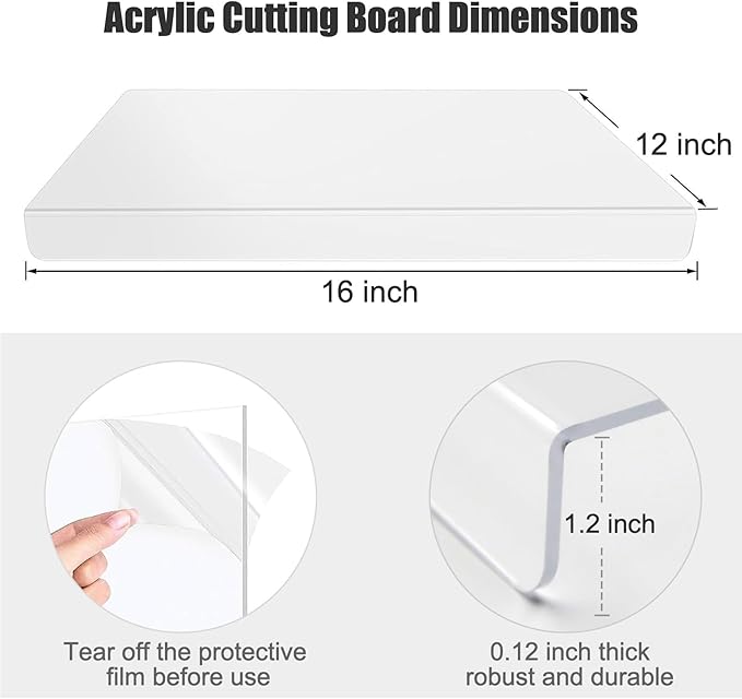 Acrylic Cutting Boards for Kitchen Counter，Clear Cutting Board for Countertop with Lip, Upgraded Thicker Non-Slip Transparent Acrylic Cutting Board for Countertop, for Home or Restaurant (16x12in)