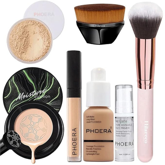 PHOERA Foundation Full Coverage Makeup, Mushroom Head Air Cushion CC Cream Natural Foundation Set,PHOERA Concealer, PHOERA Primer, PHOERA Powder, Foundation Brushes (105 Sand+ 05 Sand CC)-BrightBean Baby