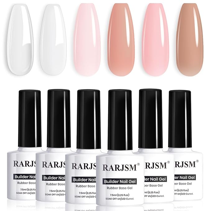 RARJSM Nude Rubber Base Gel Nail Polish Set Clear Sheer Milky White Opaque Pink Builder Base Gel in a Bottle Hard Extension Gel Skin Tone 6 Netural Colors Cured for Nails at Home Salon DIY Beginner-BrightBean Baby